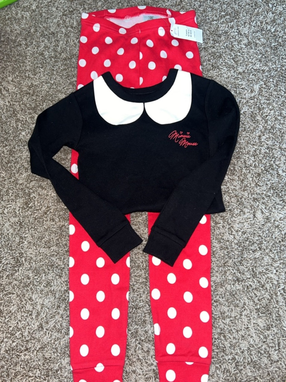 Disney Girls Black Top with White Collar & Red Polka Dot Pants